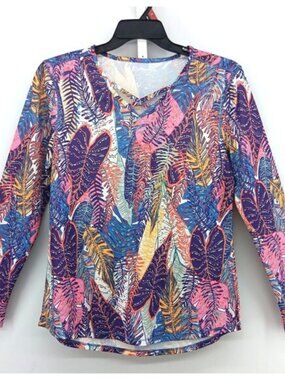Reel Legends Shirt Women Large Multicolor Tropical Floral Keyhole V Neck Top